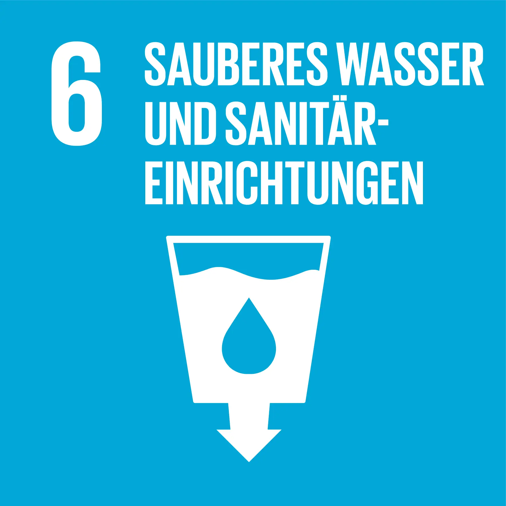 Ziel 6: Sauberes Wasser und Sanitäreinrichtungen. Ein Wassertropfen über einem Glas oder einer Hand vor einem hellblauen Hintergrund.