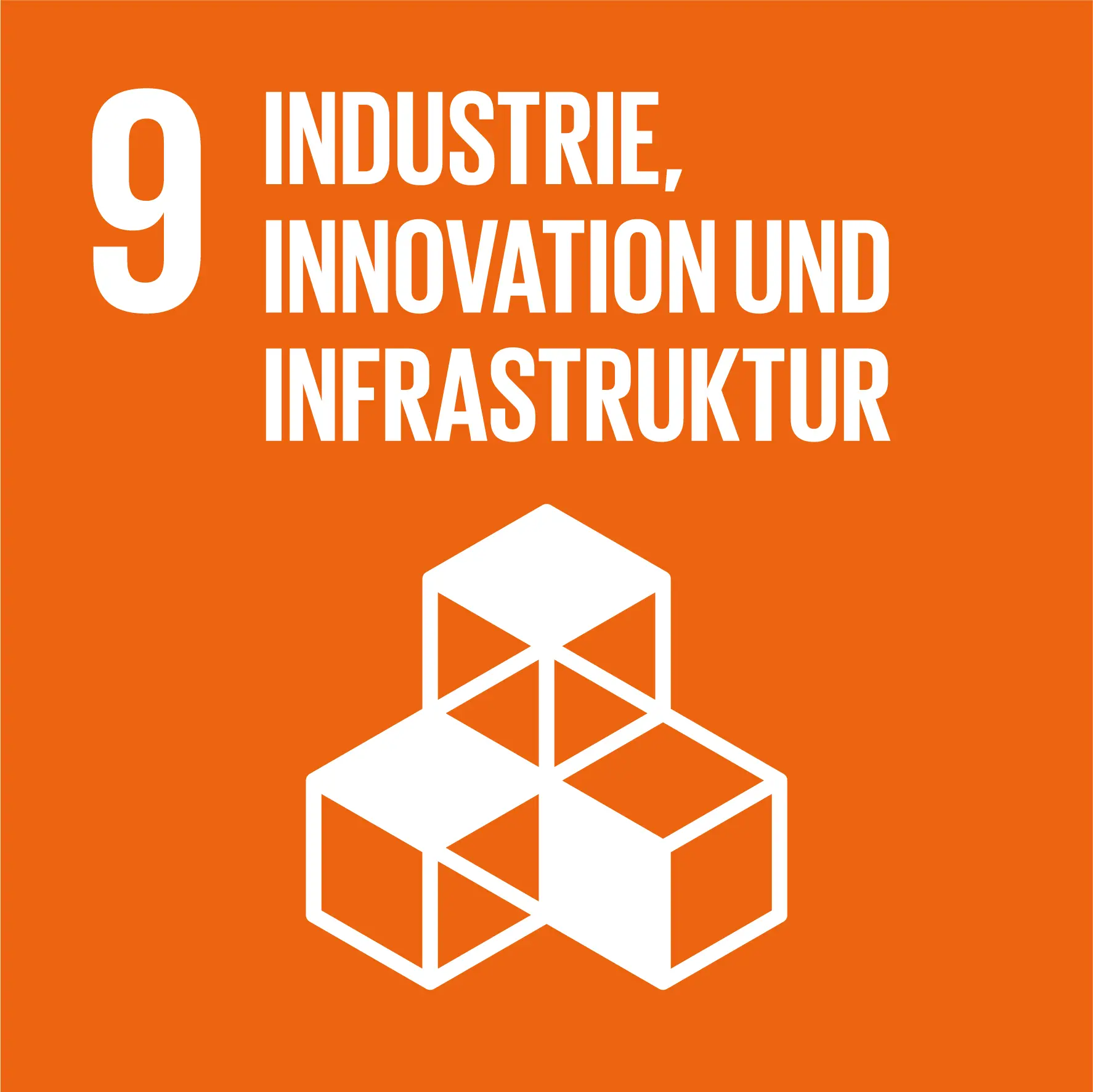 Ziel 9: Industrie, Innovation und Infrastruktur. Drei miteinander verbundene Würfel vor einem orangefarbenen Hintergrund.