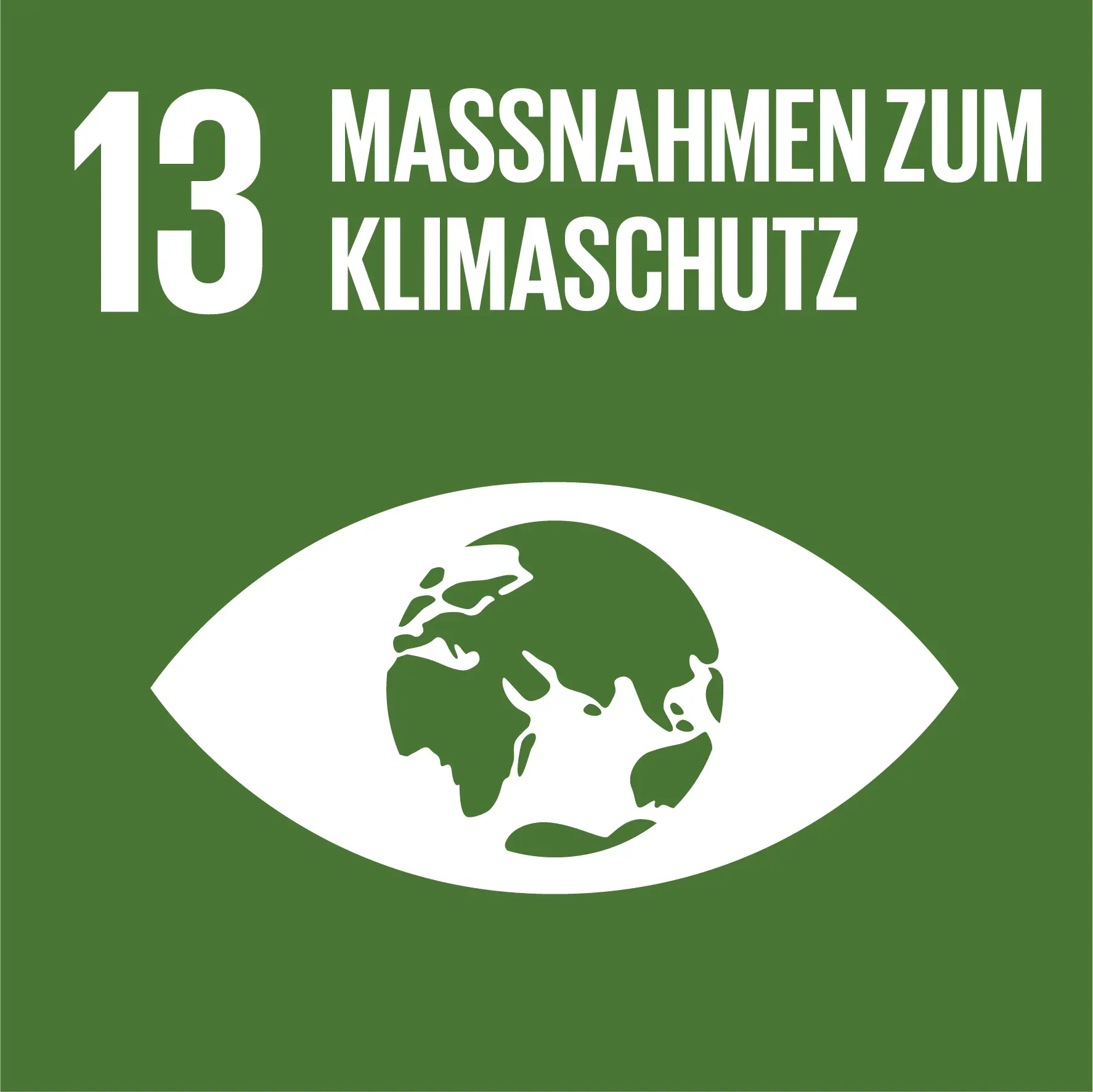 Ziel 13: Maßnahmen zum Klimaschutz. Eine stilisierte Erde, die von Augenlidern umgeben ist, vor einem dunkelgrünen Hintergrund.
