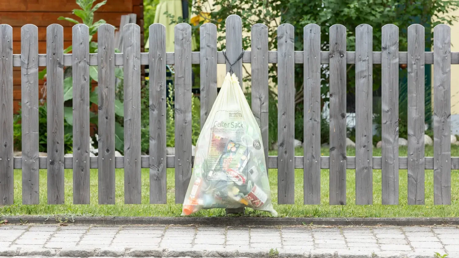 Gelber Sack hängt am Gartenzaun